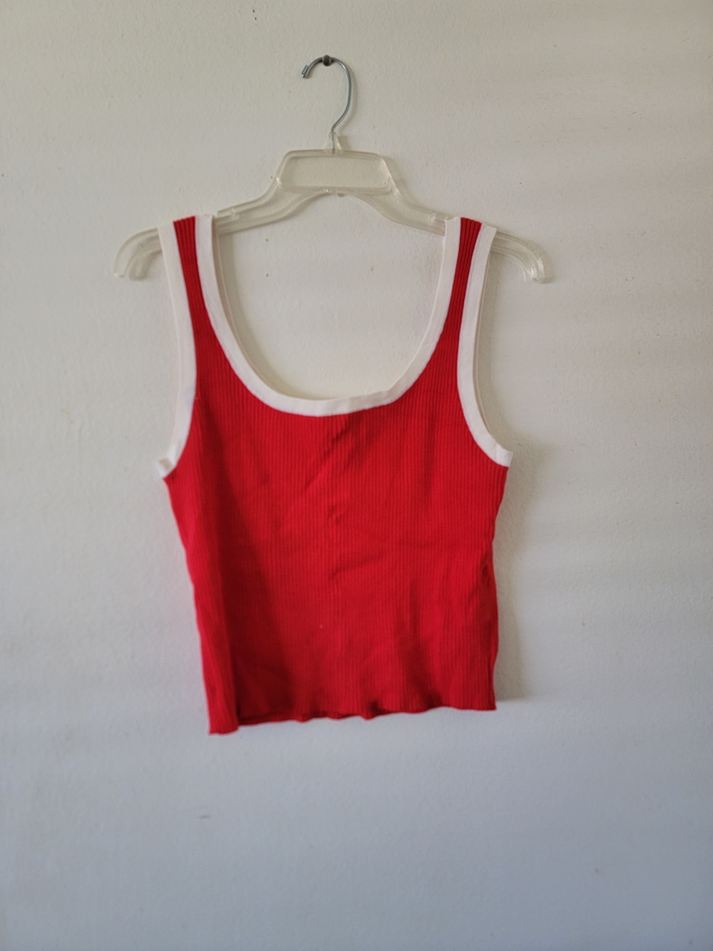 Red Ribbed Tank Top with White Trim - Women's Casual Crop